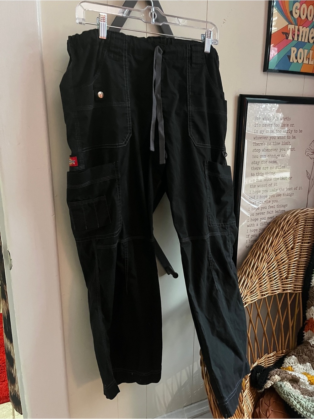 Dickies Black Wide Leg Flare Cargo Jeans with Drawstring - Picture 3 of 10